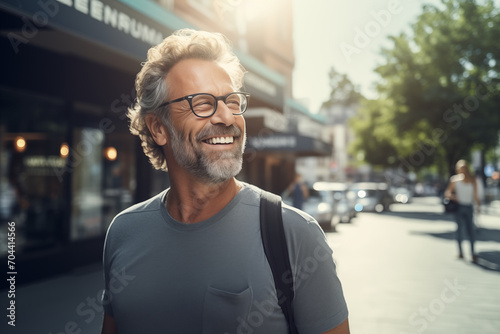 Middle aged man in the middle of the city with glasses photo