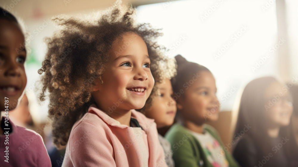 Group of happy diverse children attentively watching a performance, expressing joy and excitement. Group of happy diverse children attentively watching a performance, expressing joy and excitement.