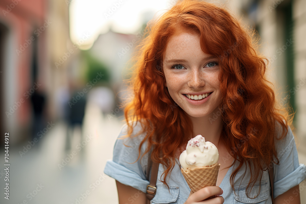 Young pretty redhead woman at outdoors with a cornet ice cream Young pretty redhead woman at outdoors with a cornet ice cream
