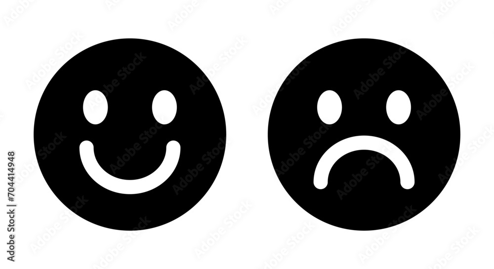 Fototapeta premium Happy and sad emoticon icon. Smile and unhappy face symbol vector