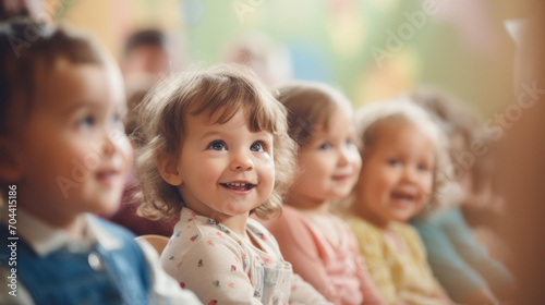 A group of toddlers listening intently to a story, showing expressions of wonder and happiness in a classroom setting.