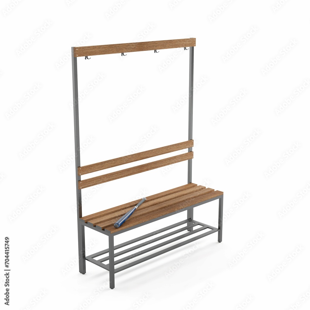 3D rendering of a wooden bench with hangers on a white background 3D rendering of a wooden bench with hangers on a white background