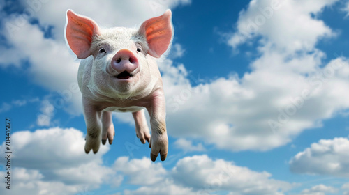 Under the blue sky and white clouds, a pig floats in the air