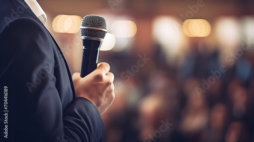 A person in a suit confidently holding a microphone, engaging with an audience at a formal event. photo