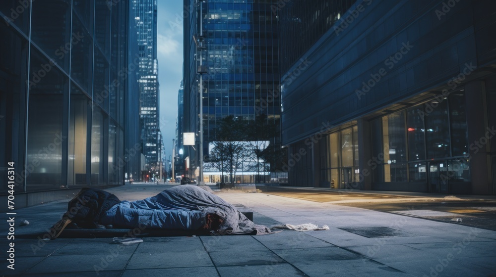 blanket of a homeless person, lying on the pavement in a stark urban environment, highlighting the stark contrast between the city's affluence and some inhabitants' poverty. blanket of a homeless person, lying on the pavement in a stark urban environment, highlighting the stark contrast between the city's affluence and some inhabitants' poverty.
