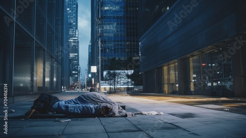 blanket of a homeless person, lying on the pavement in a stark urban environment, highlighting the stark contrast between the city's affluence and some inhabitants' poverty.