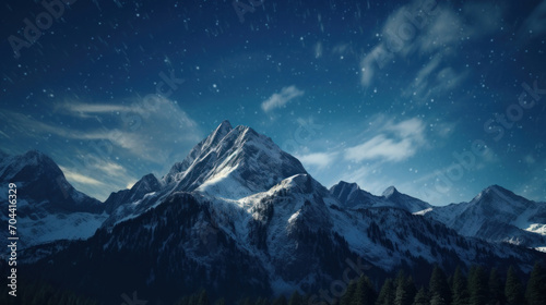 Starry night skies whirl above a majestic snow-capped mountain, creating a serene and awe-inspiring scene.