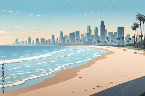 Vector cartoon view of a large beach near the city, AI generated