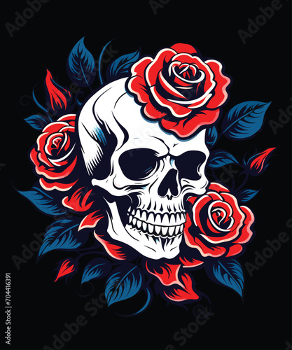 Cool tattoo design, aesthetic skull shape, red rose flower decoration