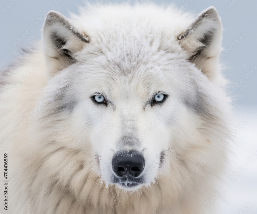 A majestic white wolf with piercing blue eyes stands out against the stark snowy background, exuding a sense of wild beauty. A majestic white wolf with piercing blue eyes stands out against the stark snowy background, exuding a sense of wild beauty.