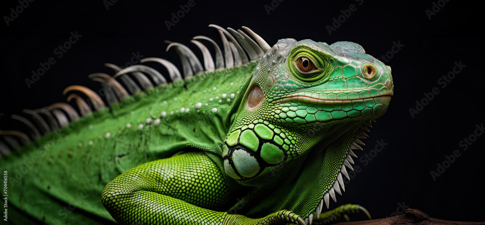 Fototapeta premium A banner with an iguana's detailed green scales are accentuated by the dramatic lighting, highlighting its piercing gaze and spiny crest.