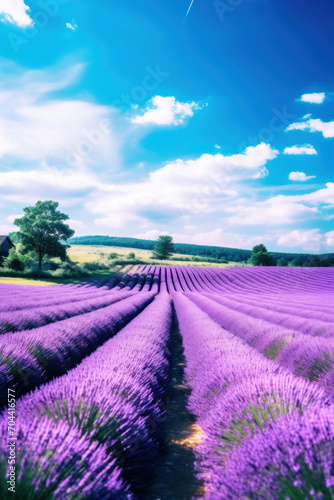 a breathtaking view of a lavender field under a blue sky, with fluffy white clouds and a distant tree line.