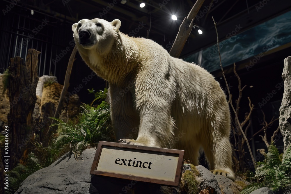 A display of a polar bear model in a natural history museum setting ...