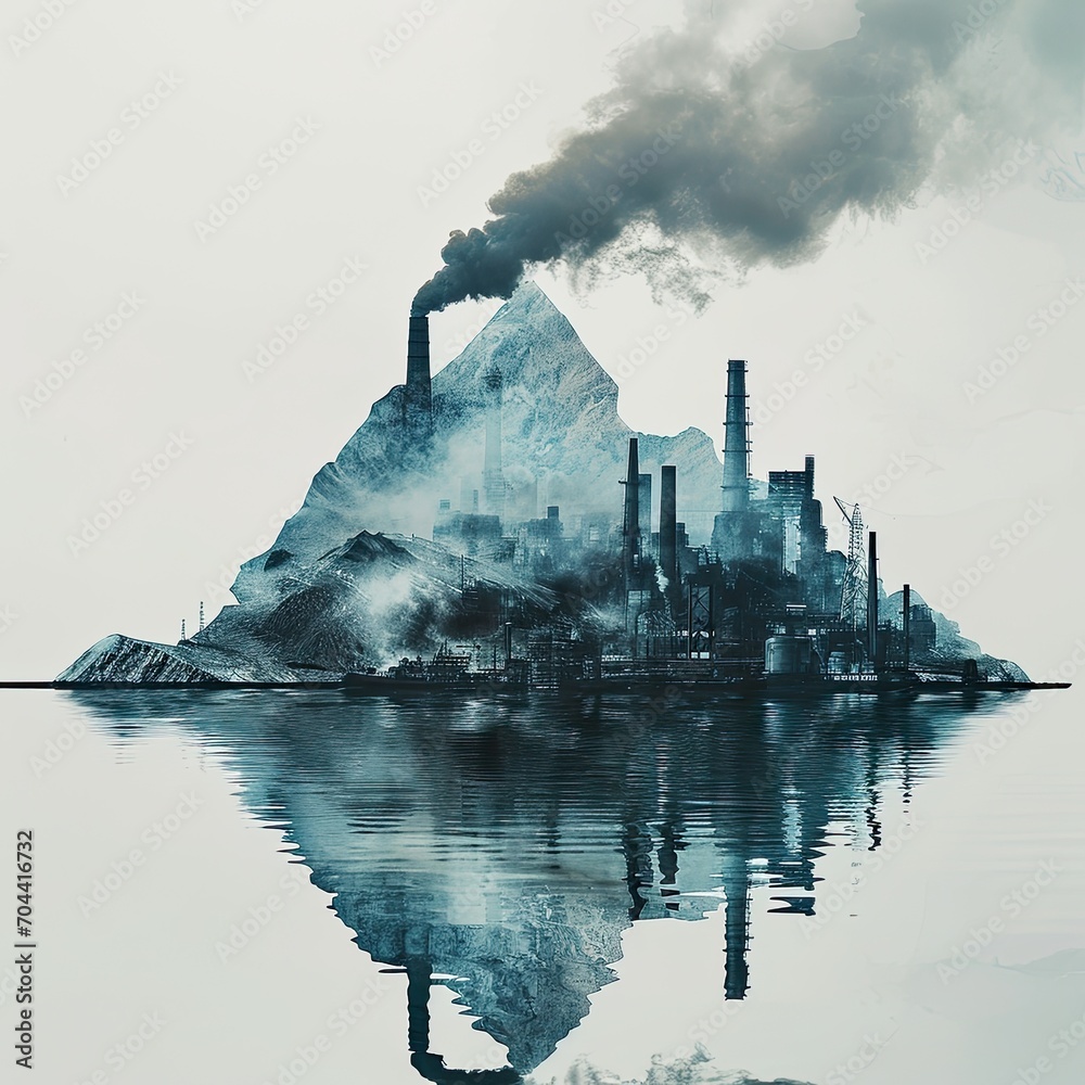 Fototapeta premium A double exposure image of a melting iceberg with an industrial factory silhouette emitting smoke against a dark background.