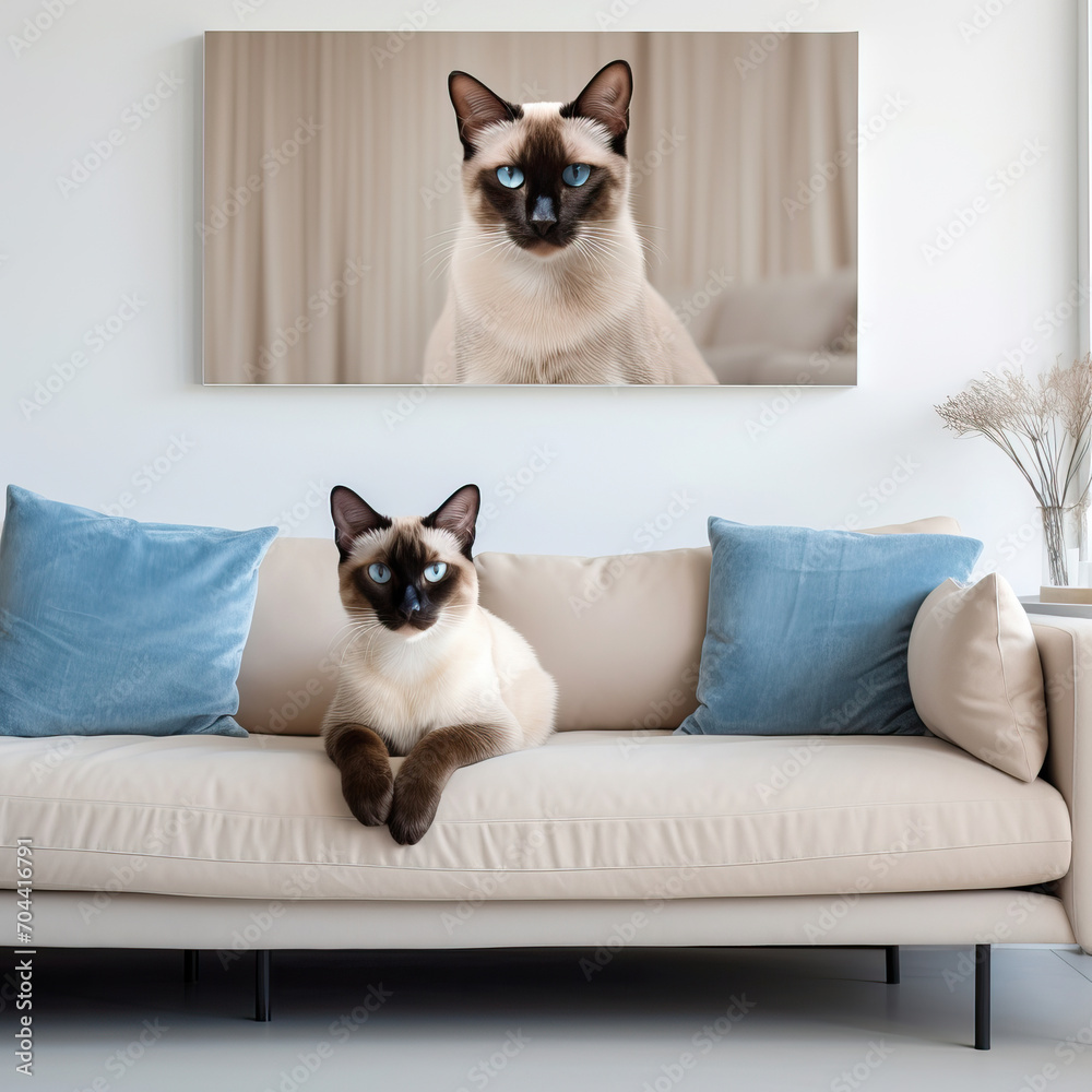 An elegant Siamese cat lounging on a luxurious modern couch in a well-lit, contemporary living room with its own cat portrait on a wall 