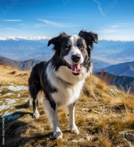 An adventurous Border Collie dog, stands on a mountain ridge against a backdrop of distant peaks, exuding a sense of exploration and freedom.