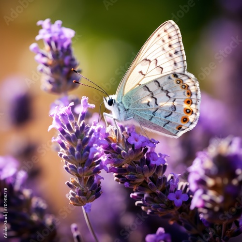 A close-up of a delicate butterfly perched on a sprig of blooming lavender, with a bokeh background highlighting the intricate patterns on its wings