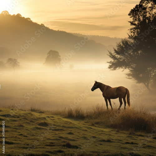 a banner with a solitary horse is grazing in a field at dawn, with the warm glow of the sunrise illuminating the misty landscape and the trees in the background. © Ярослава Малашкевич
