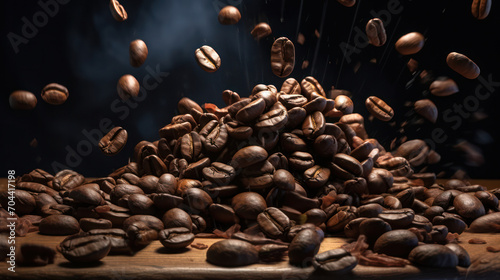 Roasted Coffee Beans: Aromatic Morning Energy on a Rustic Wooden Table.