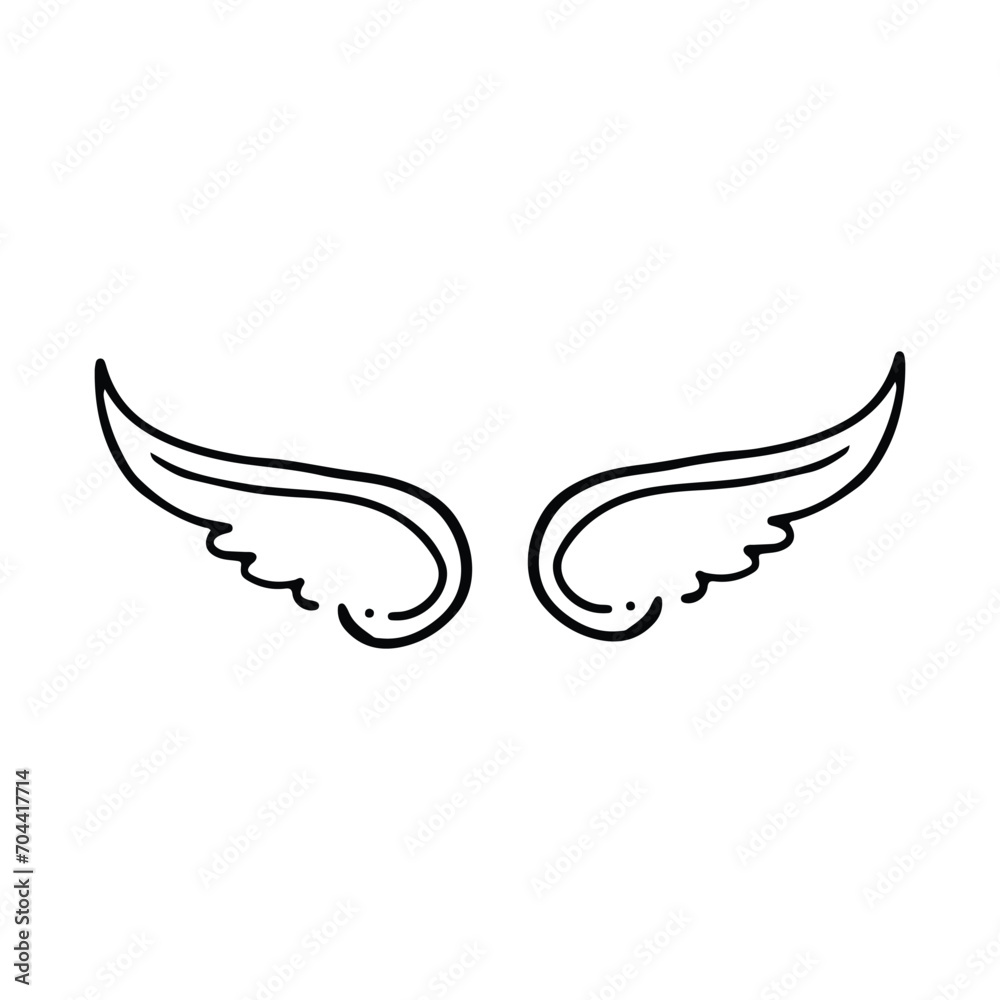 Obraz premium Doodle wings. Cartoon bird feather wings, religious angel wings ink sketch, black tattoo silhouette. Vector hand drawn blade wing sketch set for heraldic symbol emblem on white background