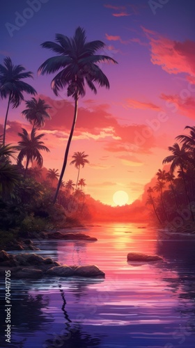 Aerial perspective showcasing a serene archipelago with lush palm trees set against the backdrop of a mesmerizing sunset painting the sky in hues of orange  pink  and purple. photorealistic epic light