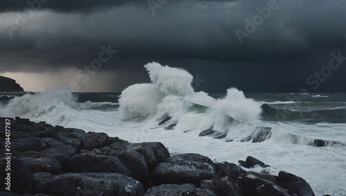 Fototapeta Naklejka Na Ścianę i Meble -  Stormy sea pounds the rocks with giant waves and foam in dark rainy day