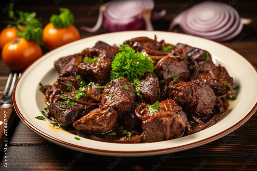 Chicken liver with onion dish. Traditional food 