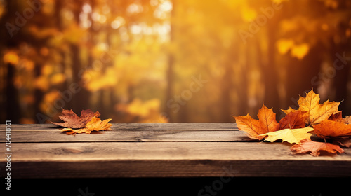 wooden table with orange fall leaves autumn natural