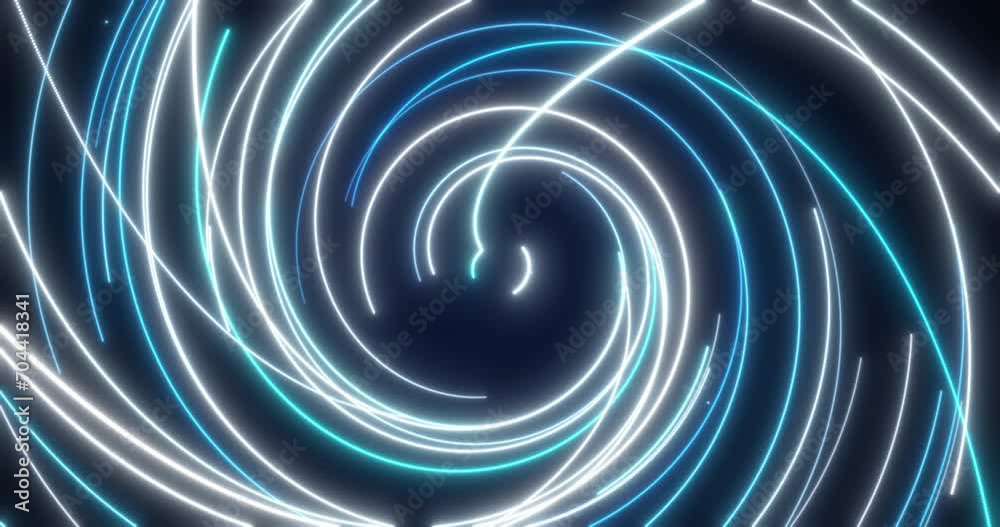 A swirl of blue and white lines. Abstract tunnel on dark background. Seamless looping animation.
