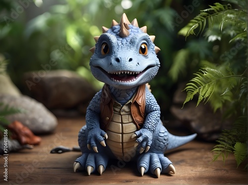 Blue 3D dinosaur with leather jacket in the forest