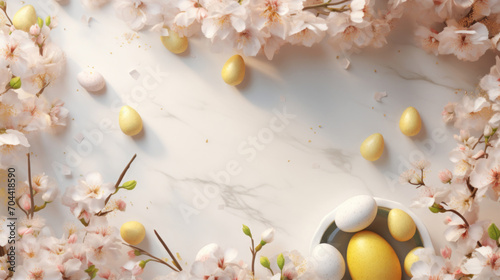 Elegant Easter setup with golden eggs, blossoms, and soft spring light on a marble background.