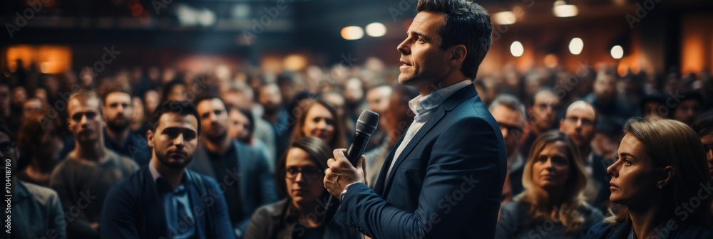 Side view of a man in a business suit or speaker at a conference and business presentation making a speech on stage in front of an audience - obrazy, fototapety, plakaty 