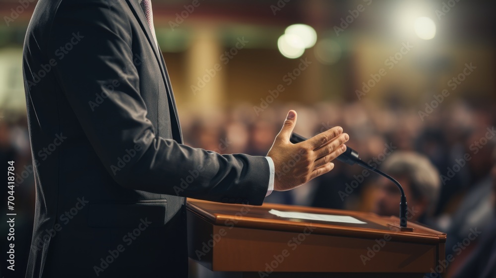 Side view of a man in a business suit or speaker at a conference and ...