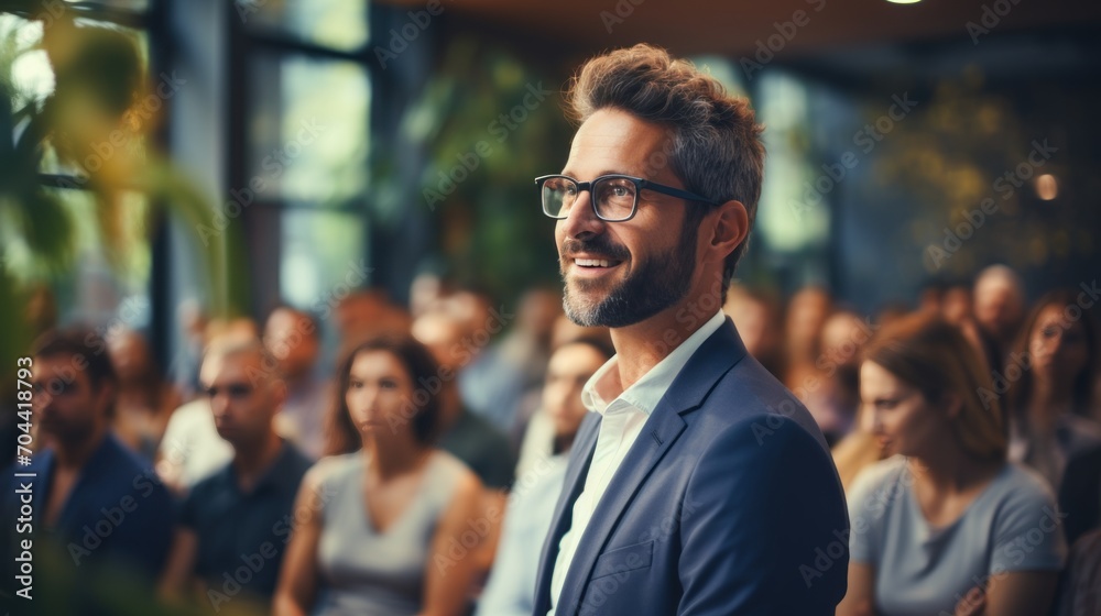 A man in a business suit or speaker at conferences and business presentations is giving a speech on stage in front of an audience A man in a business suit or speaker at conferences and business presentations is giving a speech on stage in front of an audience