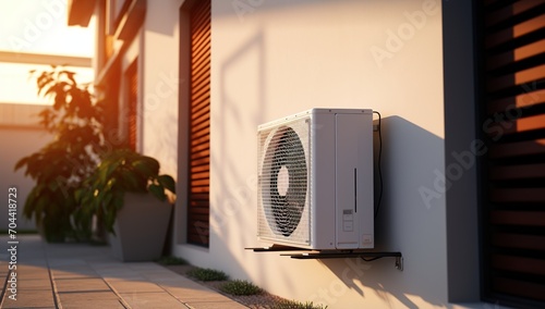 Air conditioner unit mounted on the wall of a house photo