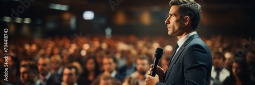 Side view of a man in a business suit or speaker at a conference and business presentation making a speech on stage in front of an audience photo