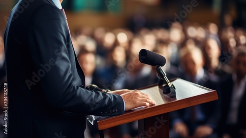 Side view of a man in a business suit or speaker at a conference and business presentation making a speech on stage in front of an audience