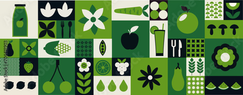 Food geometric mosaic background. Natural organic plants, fruits vegetables, juices decorated in simple Swiss bauhaus style Vector illustration, eps 10