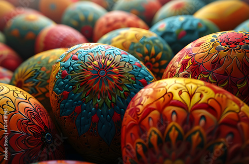 a group of easter eggs with colorful designs on them 