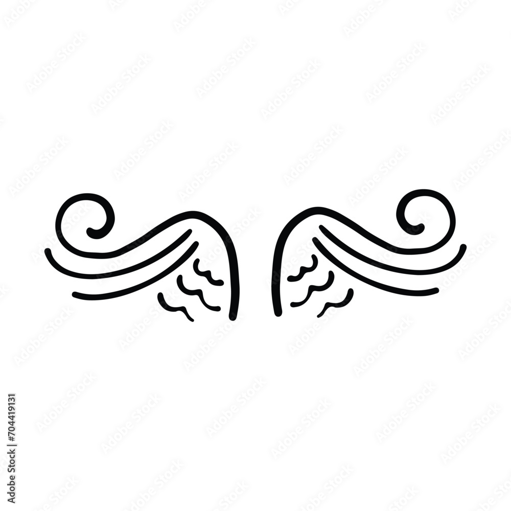 Doodle wings. Cartoon bird feather wings, religious angel wings ink sketch, black tattoo silhouette. Vector hand drawn blade wing sketch set for heraldic symbol emblem on white background