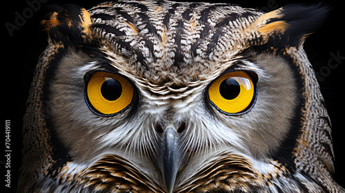 Close up of an owls face large bright yellow eyes © Affia