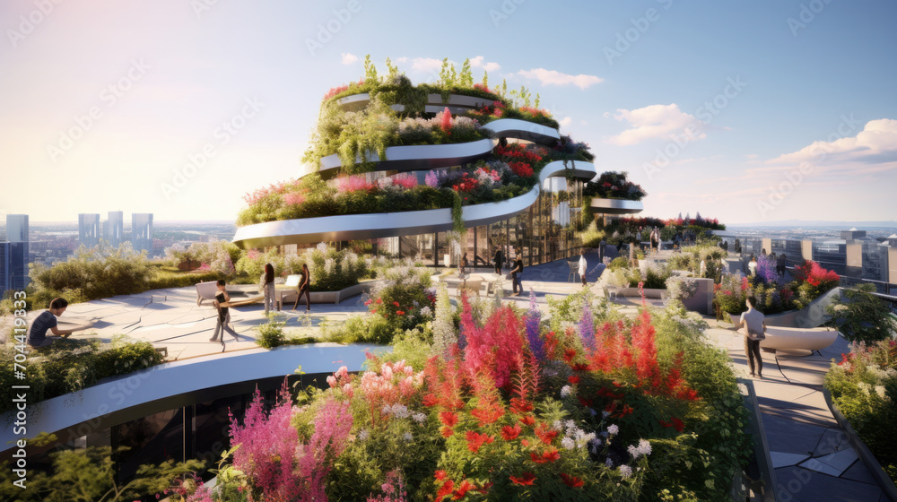 Obraz premium Eco-friendly building in the modern city. Sustainable glass office building with trees for reducing heat and carbon dioxide. Office building with green environment. Corporate building reduce CO2