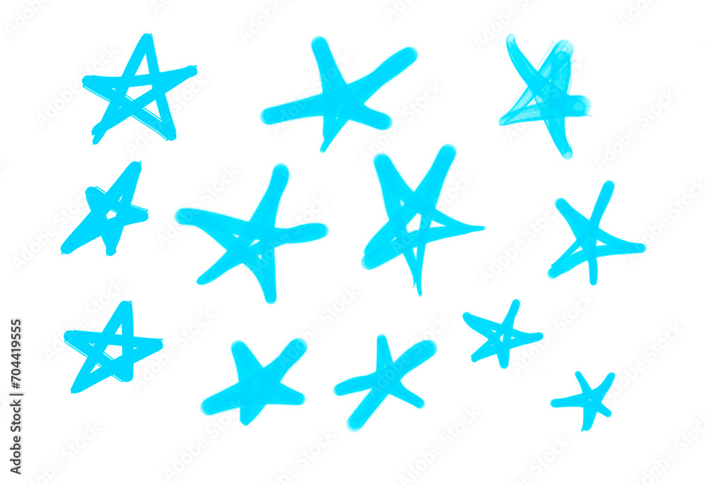 Collection of graffiti street art tags with star symbols in light blue color on white background