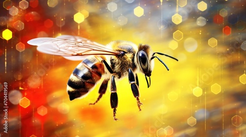 closeup of bees on honeycomb in apiary. © PaulShlykov