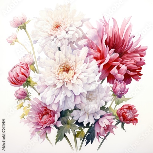 Chrysanthemums and dahlias painted in watercolor on white background