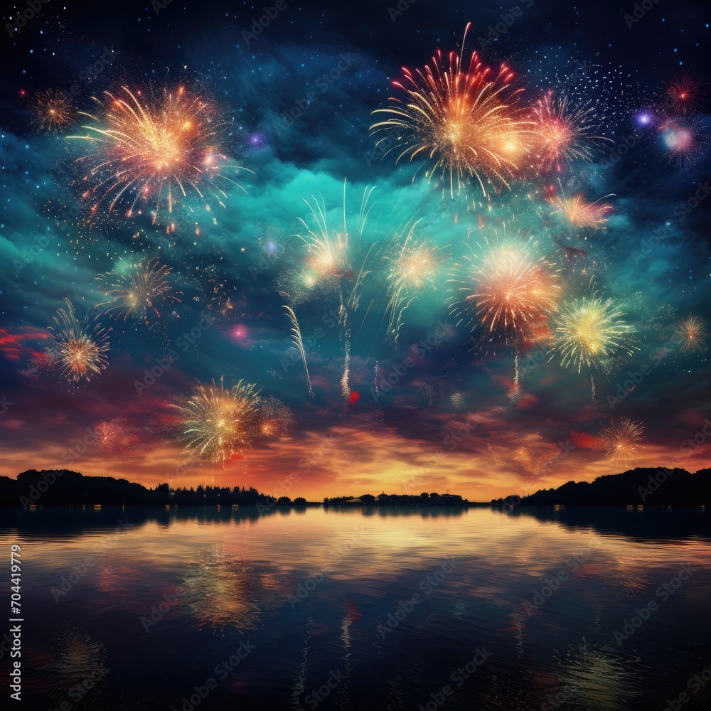 Bright fireworks in the night sky background Bright fireworks in the night sky background