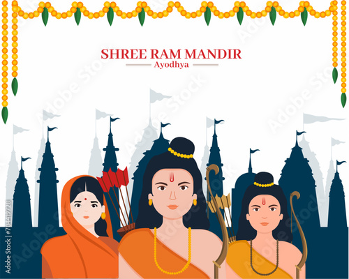 Shree Ram Sita and brother Laxman return ram mandir Ayodhya mandir decorative with marigold flowers and mango leaves Indian festival.