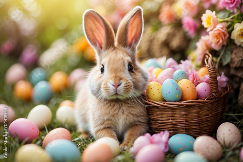 Easter bunny and colorful decorated eggs in grass in nature. Happy Easter.