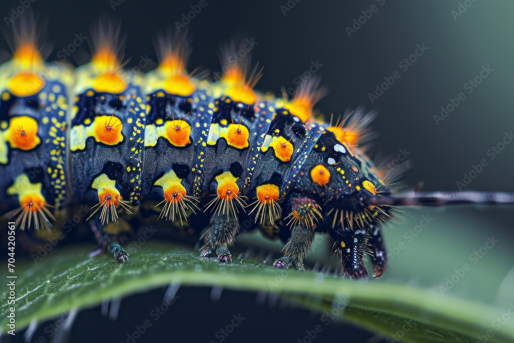 Caterpillar close-up, a detailed shot featuring the intricate patterns and textures of a caterpillar's body. Caterpillar close-up, a detailed shot featuring the intricate patterns and textures of a caterpillar's body.