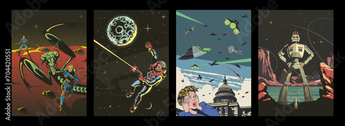 Retro Future Space Illustrations, Sci Fi Book Covers Style Posters, Spacemen, Aliens, UFO, Unknown Planets